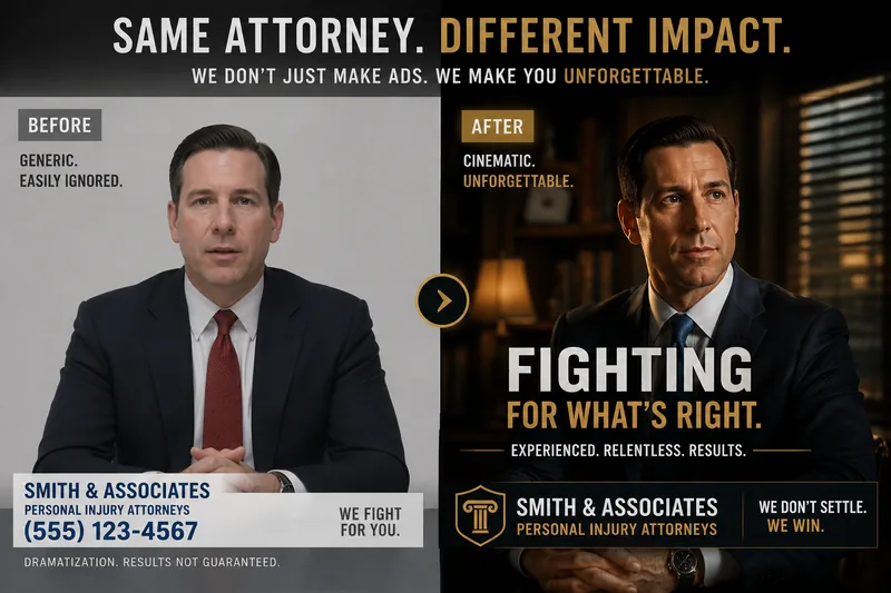 Same attorney, two ads: a generic easily-ignored spot beside a cinematic, unforgettable one