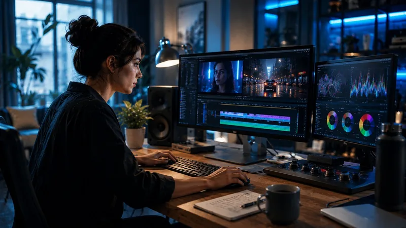 Colorist grading a cinematic spot in a professional editing suite