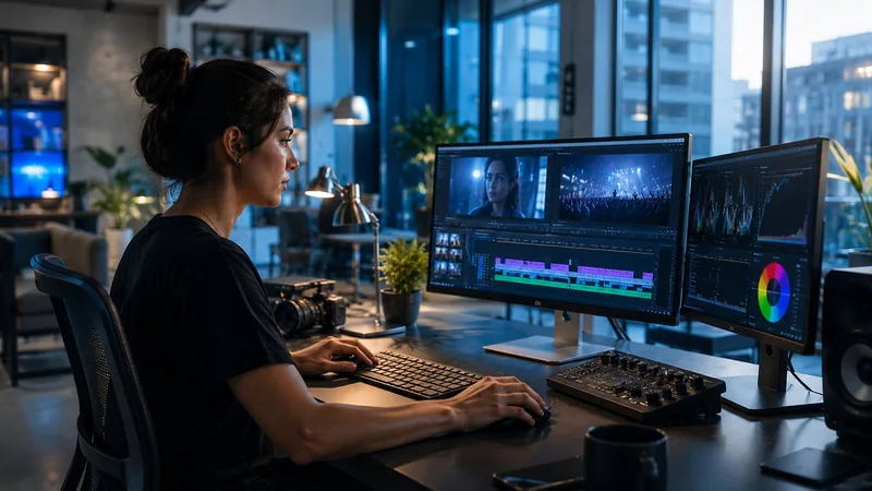 Editor color-grading a cinematic spot in the Diamond Studios suite