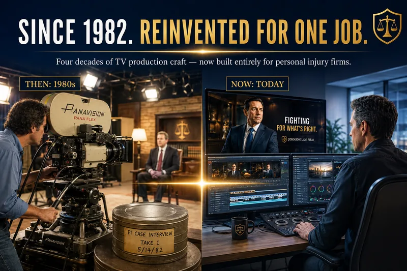 Since 1982, reinvented for one job: four decades of TV production craft, now built entirely for personal injury firms