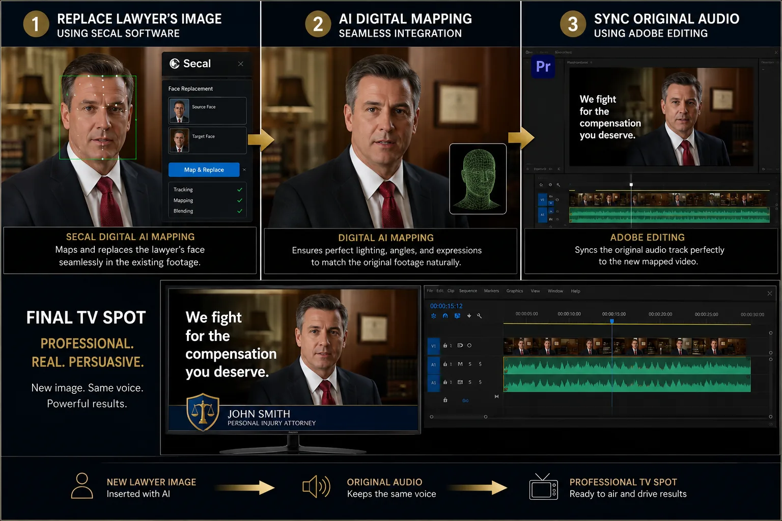 Four-stage production pipeline: map and replace the attorney's likeness from your photos, AI digital mapping to match lighting and expression, sync a voice model built from your attorney's voice, and the finished broadcast TV spot