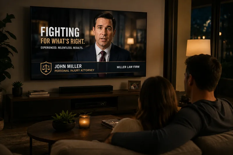 Your finished spot playing on a client's living-room TV, branded with your firm's logo and your attorney