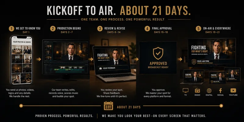 Kickoff to air in about 21 days: get to know you, production, review, approval, on-air everywhere