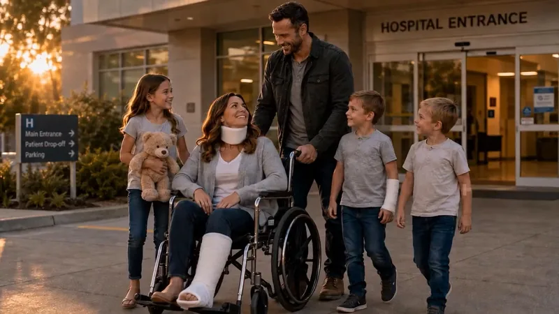 Family walking out of the hospital together after recovery — The 18-Wheeler